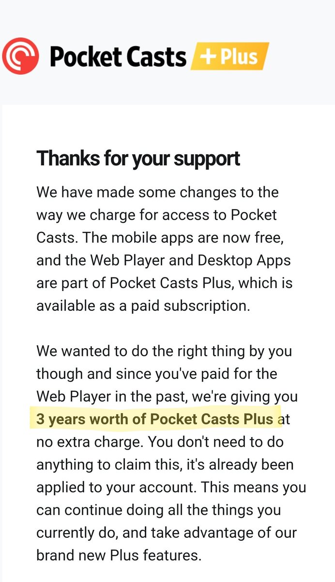 leonkehoe's tweet photo. Anyone else planning to make changes to the way they charge their users - take note - this is how it's done. @pocketcasts https://t.co/gziVKkbahm