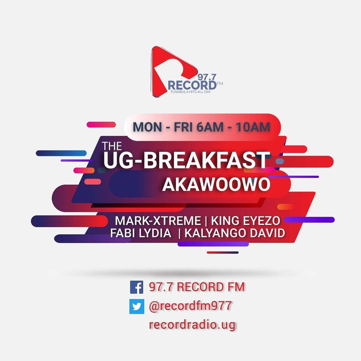 RecordFm977's tweet photo. #UGBreakfastshow on 97.7 RECORD RADIO with Mark Xtreme, Fabi Lydia, King Eyezo and Kalyango David till 10am.
Weekdays 6-10am
#RecordRadio #Morningshow #Radio #Music #Hits #Uganda #africa #pop #Wednesday https://t.co/KNGSfLa2AK