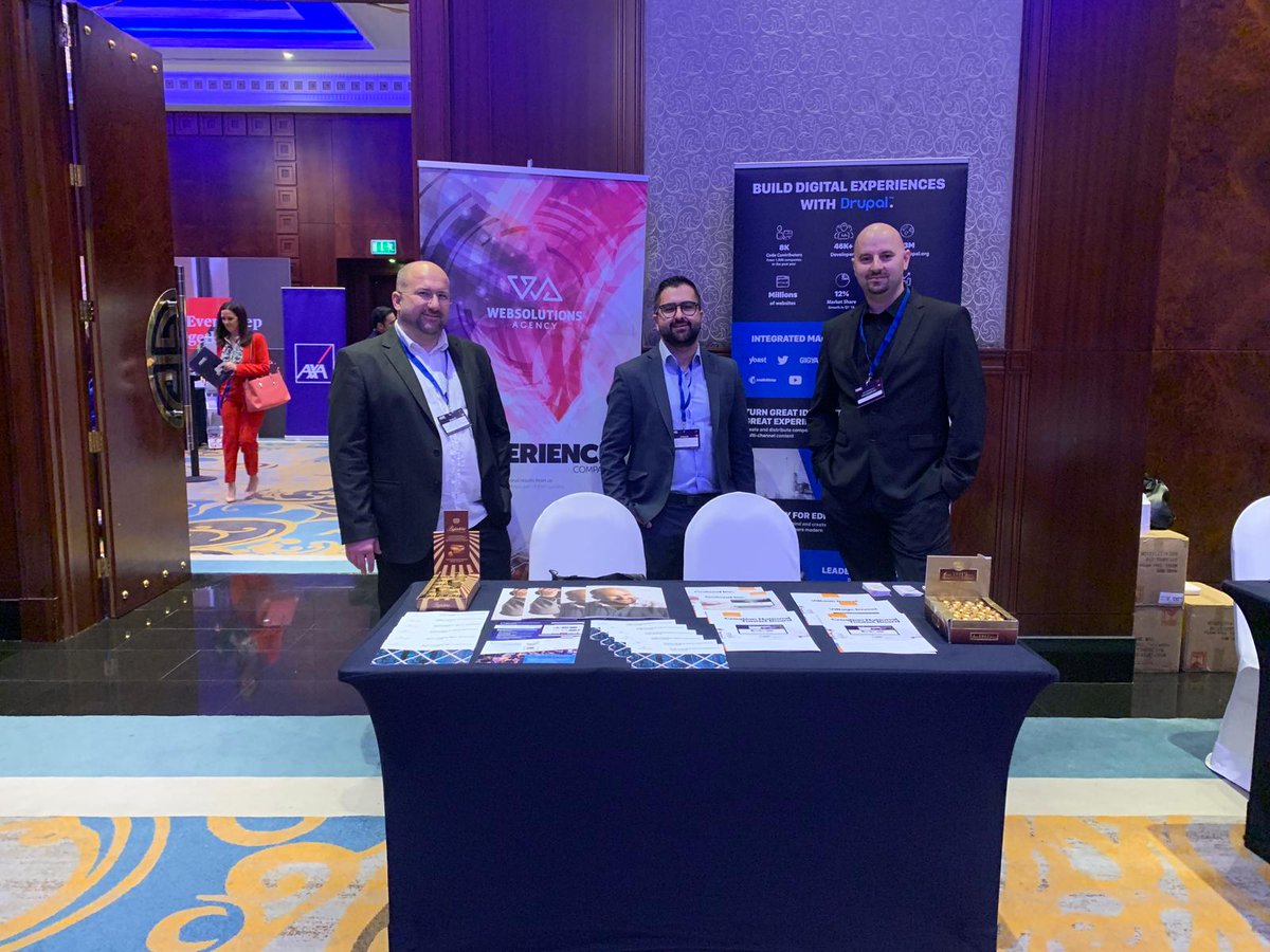 wsdotagency's tweet photo. Visit our booth at @DusitThaniDubai to find out more about digital experiences built on #drupal 
#innovation #ssme2019 #smart #smartSMEMENA #websolutions #dubai https://t.co/JAHRbggzmc