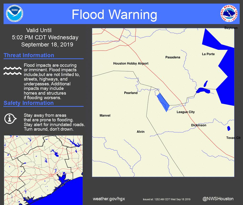 The National Weather Service in Houston/galveston has Issued a Flood Warning for The Clear Creek in Friendswood At Fm 528.. nwschat.weather.gov/vtec/#2019-O-N… #txwx #houwx #bcswx