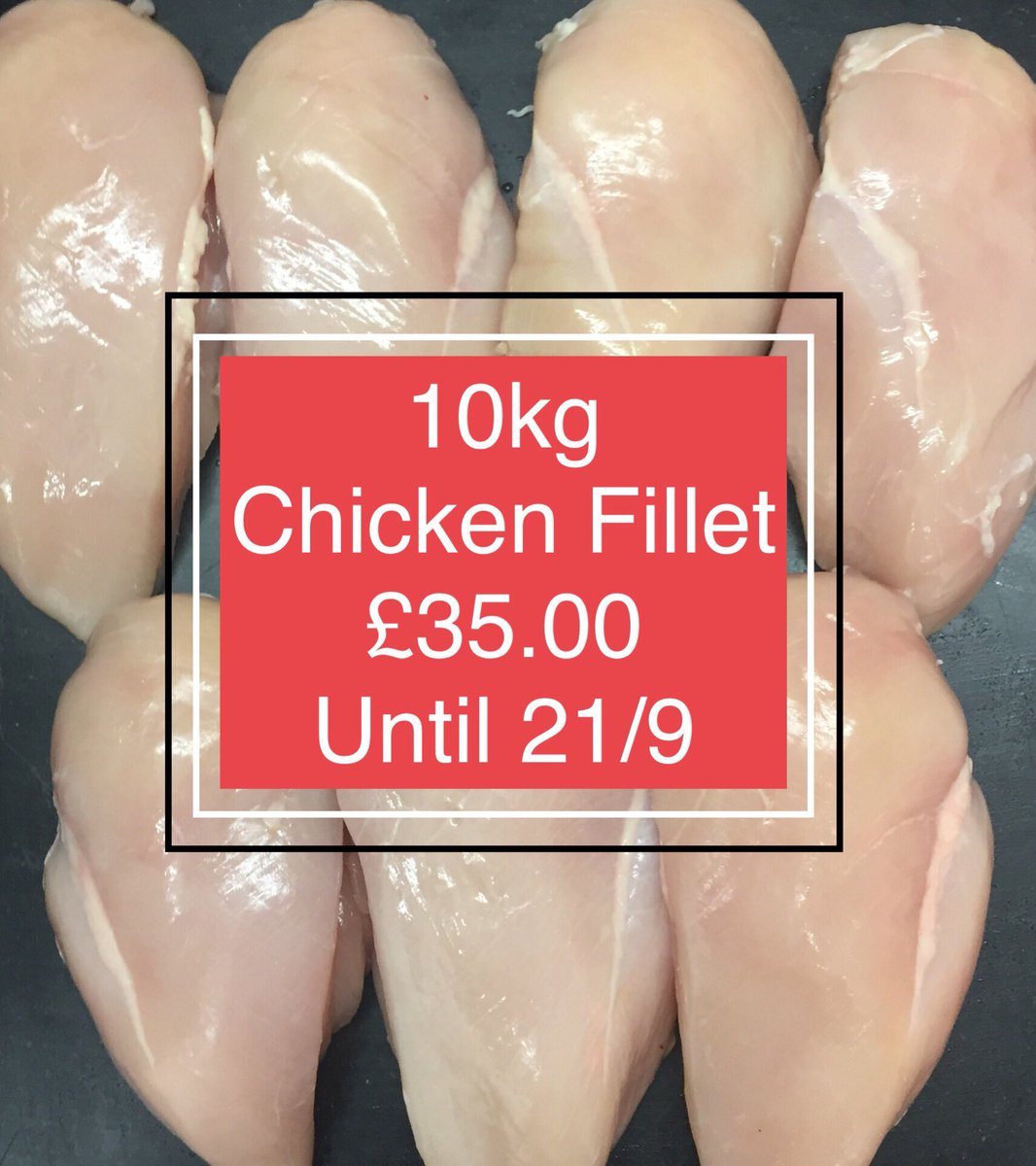 Facebook special - All this week 10kg Chicken Breasts only £35 (saving up to 30%) just show us you have liked and retweeted this tweet when being served to get the offer!

This offer is on plain chicken breasts only, marinated chicken fillets are not included in this offer.