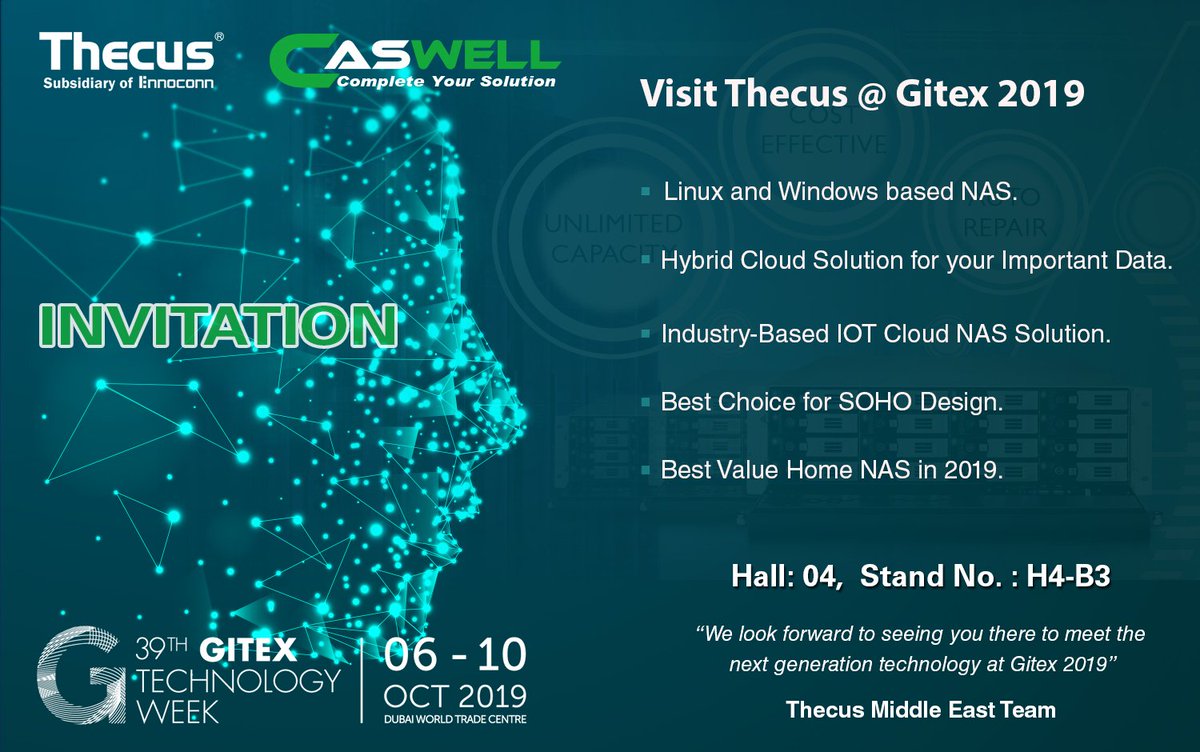 ThecusME's tweet photo. We have great news to share! #Thecus Middle East will be participating at the Middle East, North Africa &amp; South Asia’s biggest technology event, #GITEX #Technology Week, from 6-10 October 2019 at DWTC
We look forward to welcoming you at our #stand, H4-B3, located in Hall No. 4 🤗 https://t.co/pAbAq5XFe4