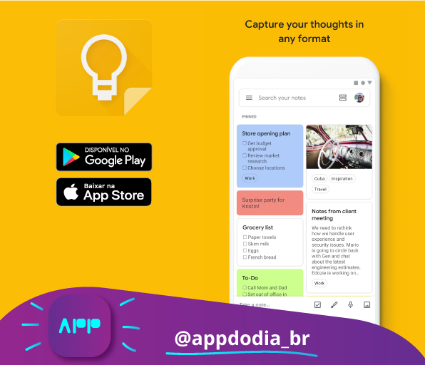 appdodiabr's tweet photo. Que tal começar o dia organizando e colocando suas ideias no lugar? Experimente o  app Google Keep! Gratuito na @GooglePlay e @AppStore.

Marque aqui o(a) amigo(a) que precisa conhecer esse app. 😃

#appdodia #aplicativo #dicadodia #utilidadepublica #dicasdeapps https://t.co/CEC0I3W4FE
