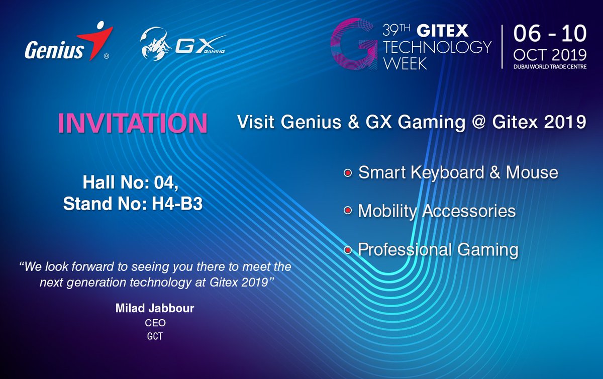 GXGamingME's tweet photo. We have great news to share! #Genius &amp; #GXGaming will be participating at the Middle East, North Africa &amp; South Asia’s biggest technology event, #GITEX #Technology Week, from 6-10 October 2019 at DWTC
We look forward to welcoming you at our #stand, H4-B3, located in Hall No. 4 🤗 https://t.co/Em1frYk0hj