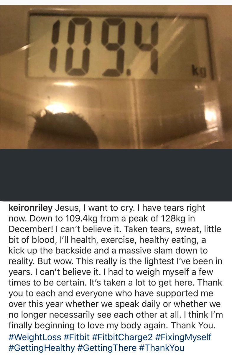 keironriley's tweet photo. Could cry, down to a low of 109.4kg. Lightest I’ve been in years! From a peak of 128kg in Dec 18, It’s been such a tough &amp; shit year. But if there has been one positive out of it - It is this. Thank you everyone and much love 💗. #WeightLoss #Fitbit #FitbitCharge2 #LostWeight https://t.co/4Riola8f8n