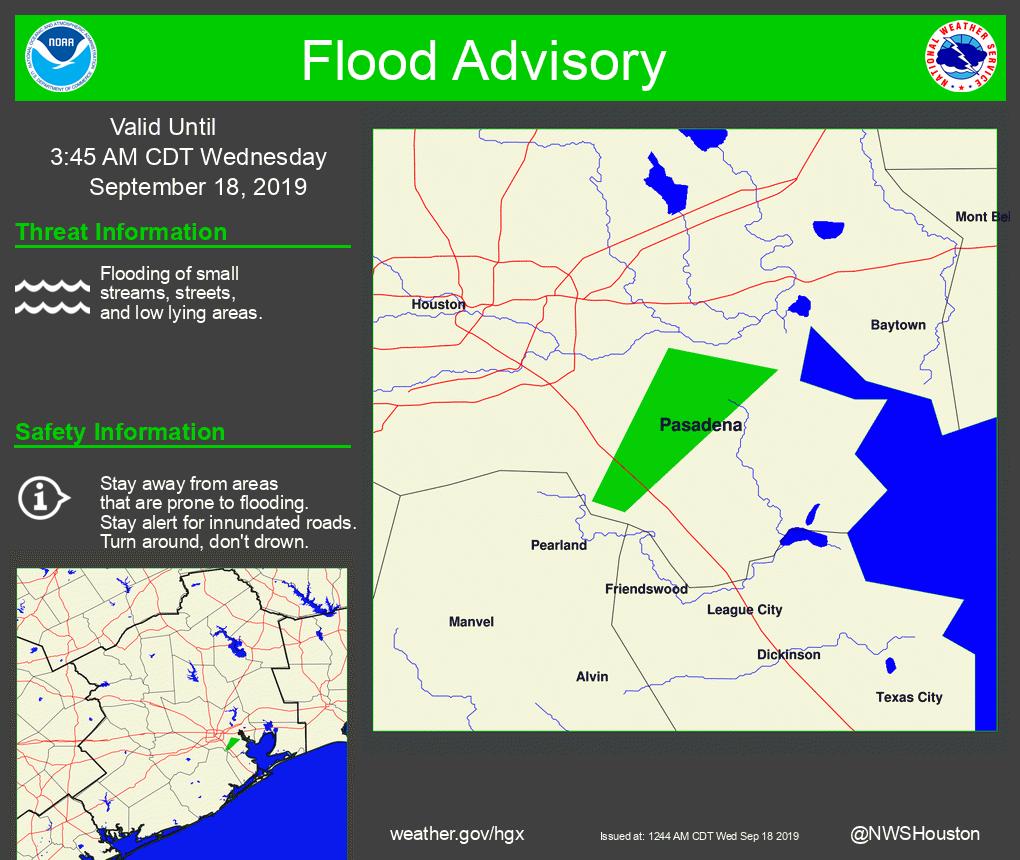 The National Weather Service in League City has Issued a Flood Advisory for Southeastern Harris County in Southeastern Texas. nwschat.weather.gov/vtec/#2019-O-N… #txwx #houwx #bcswx