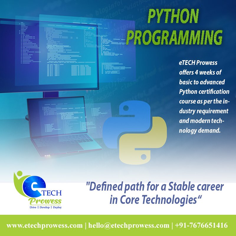 EtechProwess's tweet image. For More Details: etechprowess.com
or Call on: +91-7676651416

#PythonprogrammingcourseinBangalore
#PythonprogrammingtutorialinBangalore
#PythonprogrammingcourseinJPnagar
#PythonprogrammingtutorialinJpNagar
#Pythonautomationtestingtraininginbangalore