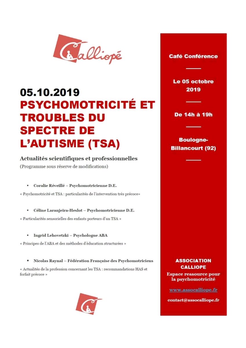 Le 5/10 <a href="/AssoCalliope/">AssoCalliopé</a> propose une conf consacrée aux #TSA &amp; #psychomotricité dans les locaux de <a href="/InstitutIsrp/">ISRP</a>
On y évoquera actualités scientifiques &amp; approches #EBP
La FFP présentera le #forfaitprecoce
Pour vous inscrire▶️ bit.ly/2kiqfWy
<a href="/ARS_IDF/">ARS Île-de-France</a> <a href="/CCompagnon_/">CLAIRE COMPAGNON</a> <a href="/s_cluzel/">Sophie Cluzel 🇨🇵🇪🇺</a>