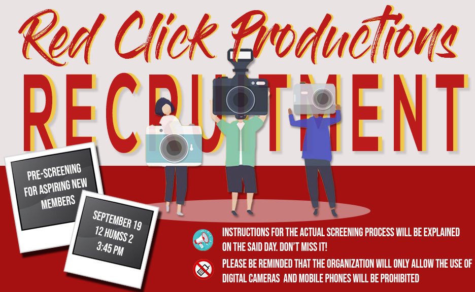 SBURRCProd's tweet photo. RED CLICK PRODUCTIONS RECRUITMENT‼️‼️‼️

This coming Thursday, September 19, pre-screening for aspiring new members will be held on 12 HUMSS 2 at 3:45 PM in the afternoon! Please don’t forget to bring your passion with you! SEE YOU! https://t.co/HVOkNPeACJ