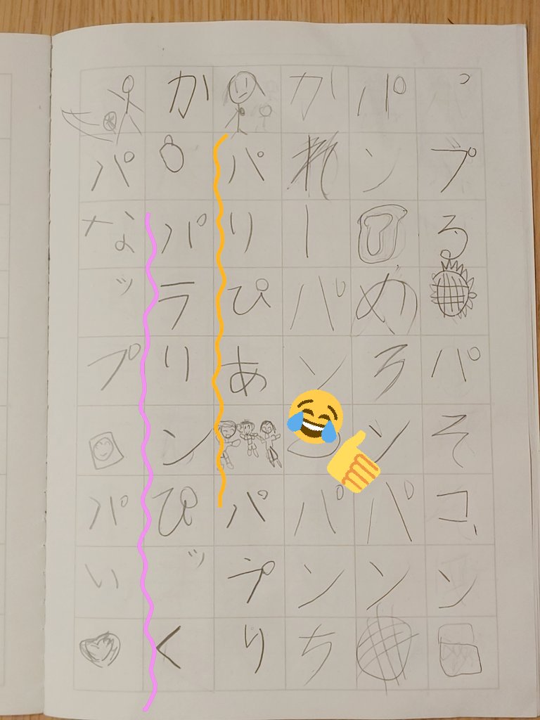 ゆみちん 小１娘の宿題 パ のつく言葉集め 学校でやってきたノートに丸つけしようと え コ コレは さすが私の子供 先生わかるかなぁ 子供の宿題 カタカナのお勉強中 パのつく言葉を集めよう パリピア