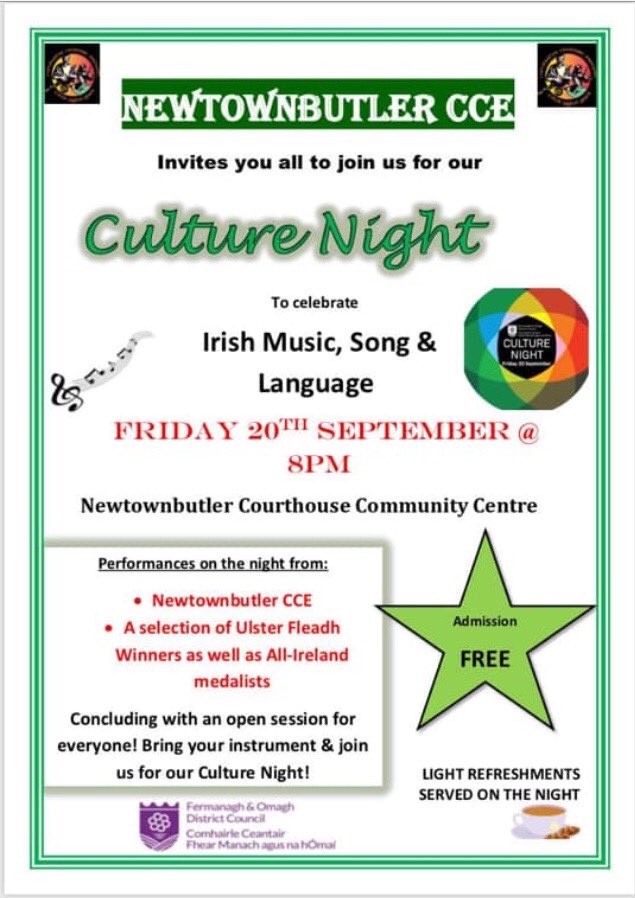 NTBCCE's tweet image. @NTBCCE are hosting an evening of music and song showcasing Fermanagh’s success at the Ulster Fleadh. Come along and join us for @CultureNight @fermanaghcce @fermanaghomagh