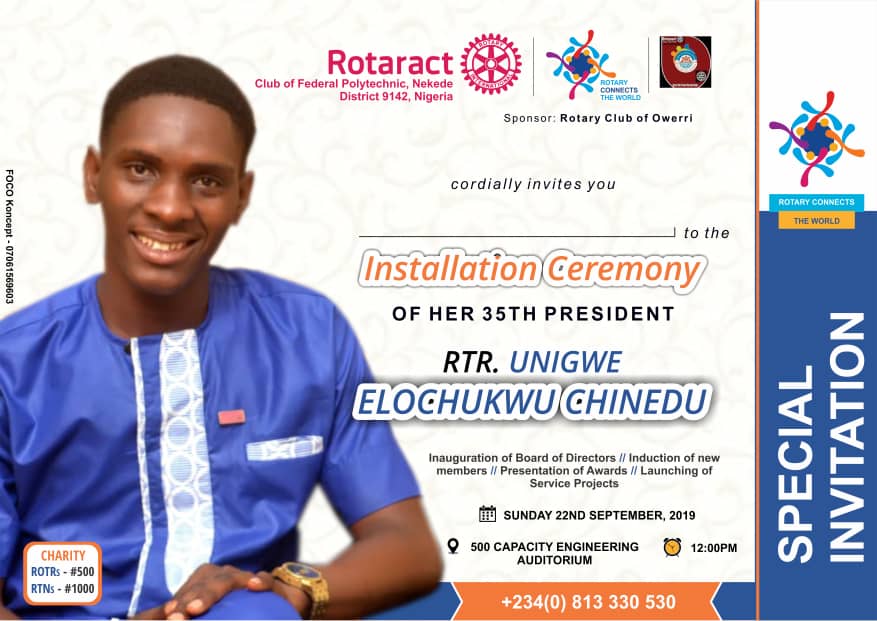 rotafedpolynek's tweet photo. 4 days to go

The Rotaract Club of Federal Polytechnic Nekede cordially invites you to their installation.

22nd September is the date... 

Plan to attend..... https://t.co/5345Er9h2Z