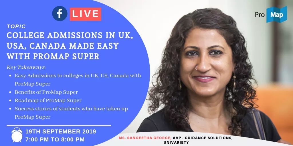 ProMapIndia's tweet image. We bring to you an opportunity to discuss and share insights on College Admissions in UK, USA, Canada made easy with #ProMapSuper by the expert herself, Ms. Sangeetha George. Join our #FacebookLive

Click here to confirm your attendance: lnkd.in/d55C9MS