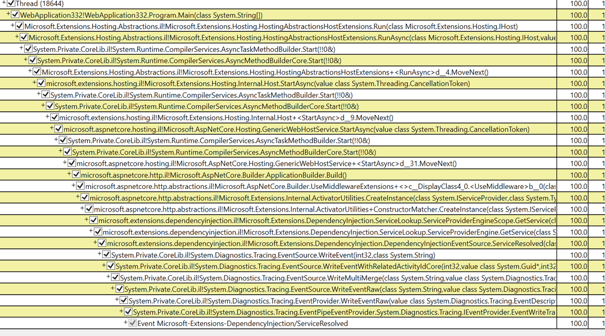 We added some pretty cool diagnostics to the built-in DI container as part of 3.0. You can use dotnet trace to collect a trace of all the services resolved (and more advanced information). You can even see the call stack of where a specific service got resolved! #dotnetcore