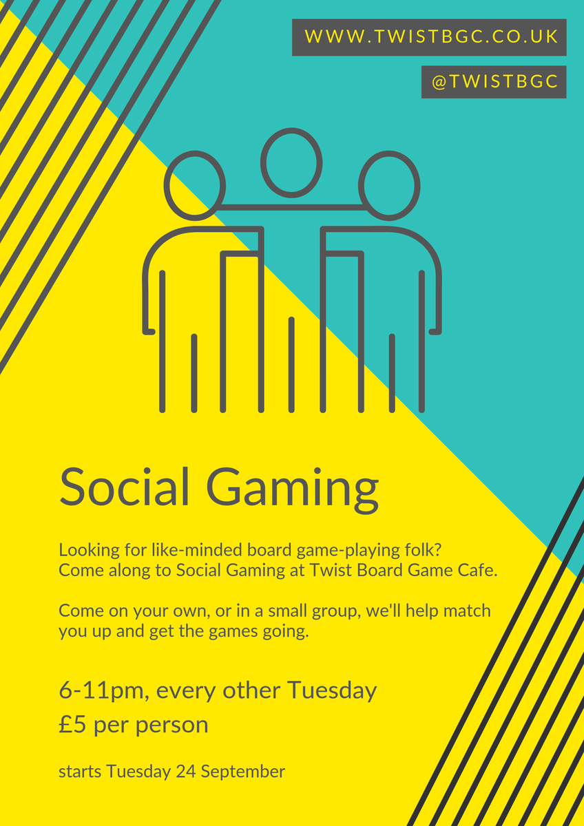 Tuesday 24 September is going to be the first Social Gaming evening at Twist! 
Come down to Twist on your own or in a small group and we'll help match you up and get the games going.
No need to book, just come down from 6pm, it's first come, first served.
Adults £5/Under 16s £4