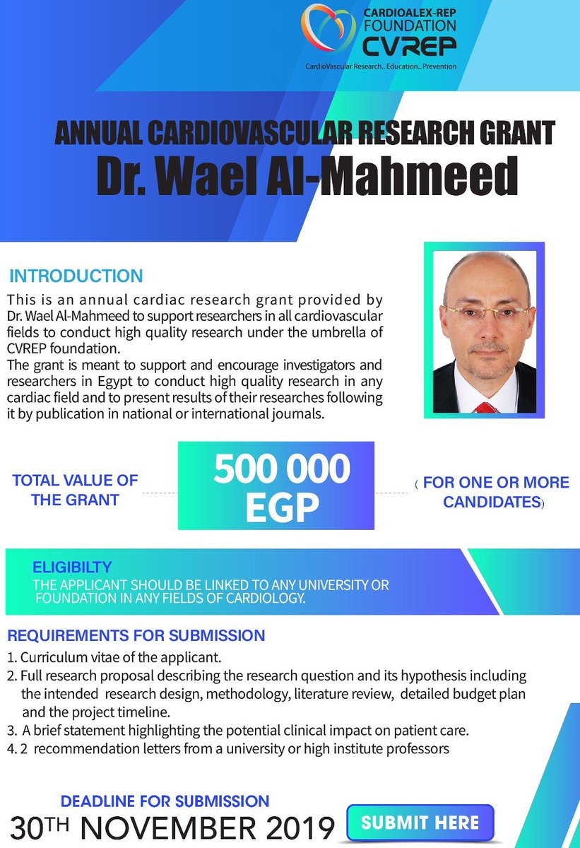 #cardiovascular #cardioalex #grant #research #CVREP
CardioAlex-REP Foundation
Annual Cardiovascular Research Grant
EGP: 500,000
Last date for submission: 30th November 2019