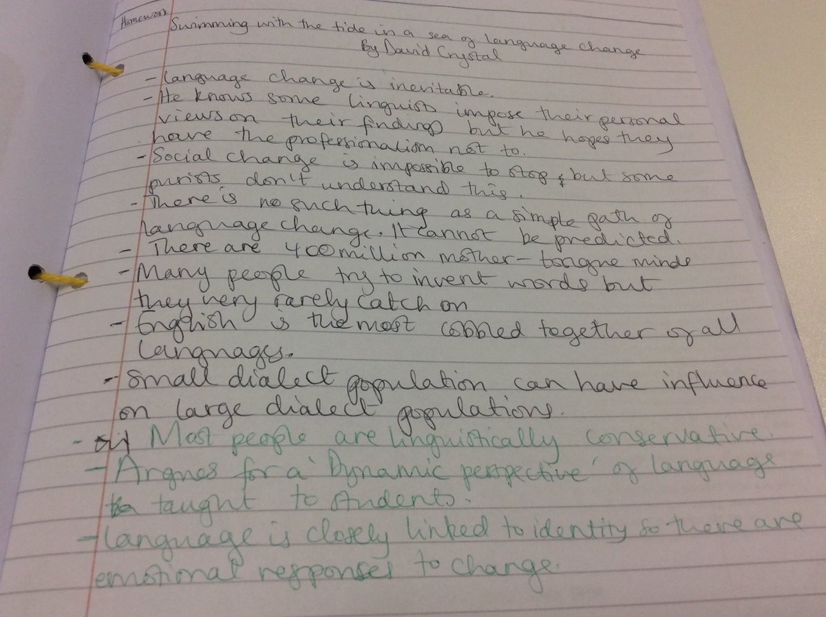 Evidence of green pen used to add notes from class discussions. Useful even for this Yr 13. #assessment