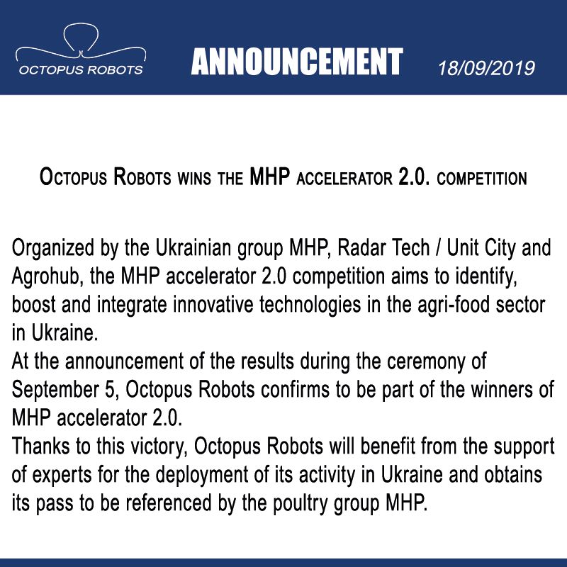 OBiosafety's tweet image. 🏆 Octopus Robots wins the MHP accelerator 2.0. competition
buff.ly/30o0q6B
#octopusrobots #mhp #robotics #poultry