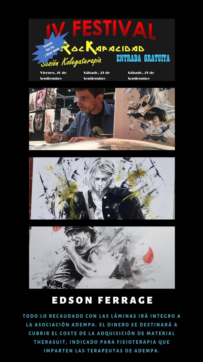 Esté fin de semana tenemos un pedazo de festival de rock, solidario.
Yo estaré con mi puesto de arte vendiendo mis láminas, y al igual que el año pasado todo lo recaudado se destinará a ayudar a cubrir el coste de la adquisición de material Therasuit para <a href="/Adempa_Oficial/">Adempa</a>