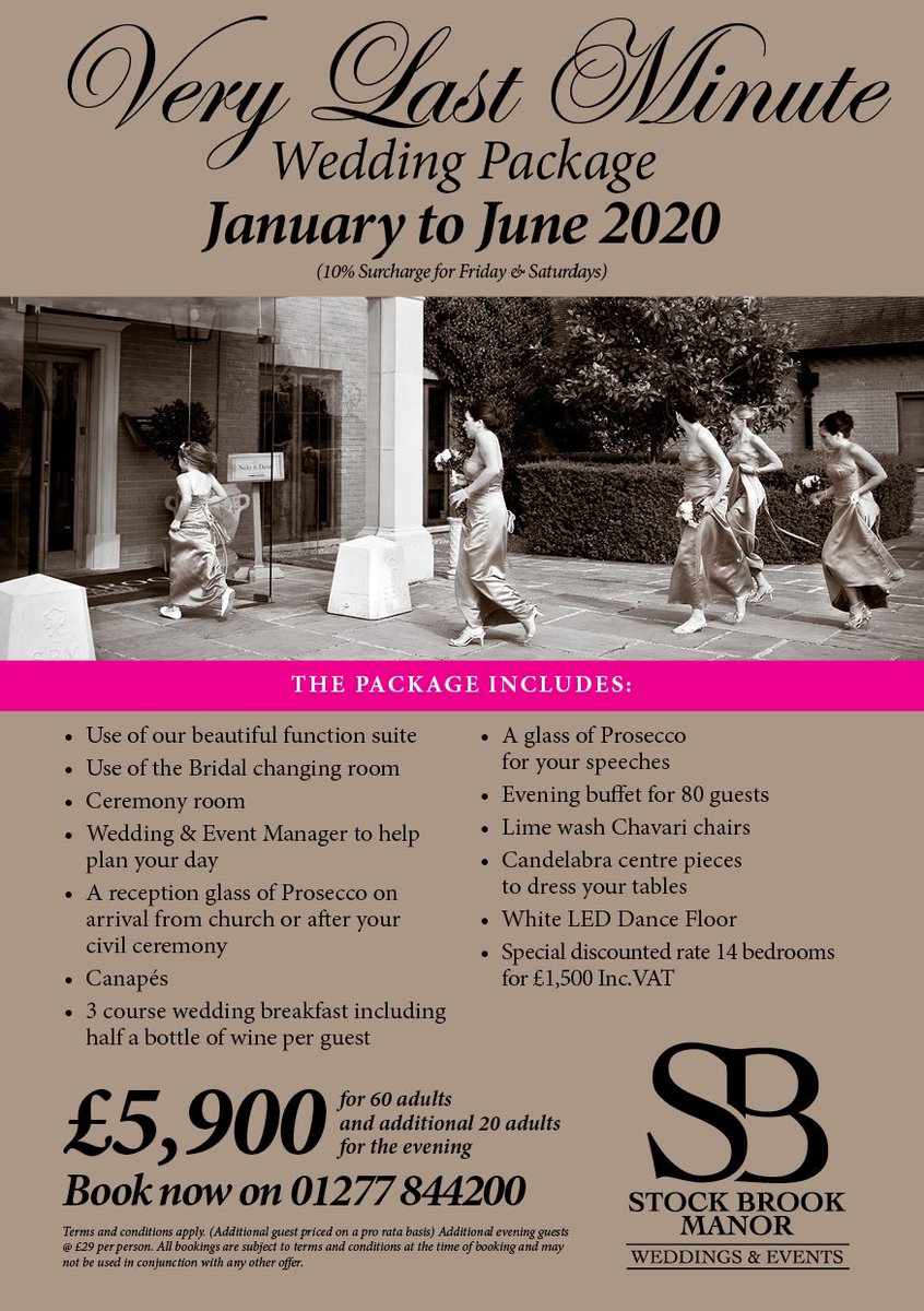 🔥VERY LAST MINUTE WEDDING PACKAGE!💥January to June 2020 (10% surcharge for Fridays &amp; Saturdays). T&amp;C’s apply. Book today 01277 844200

#stockbrookmanor #stockbrookcountryclub #elegant #jewishbride #idyllic #simplicity #essexwedding #wedding #weddingday #weddingvenues #bride