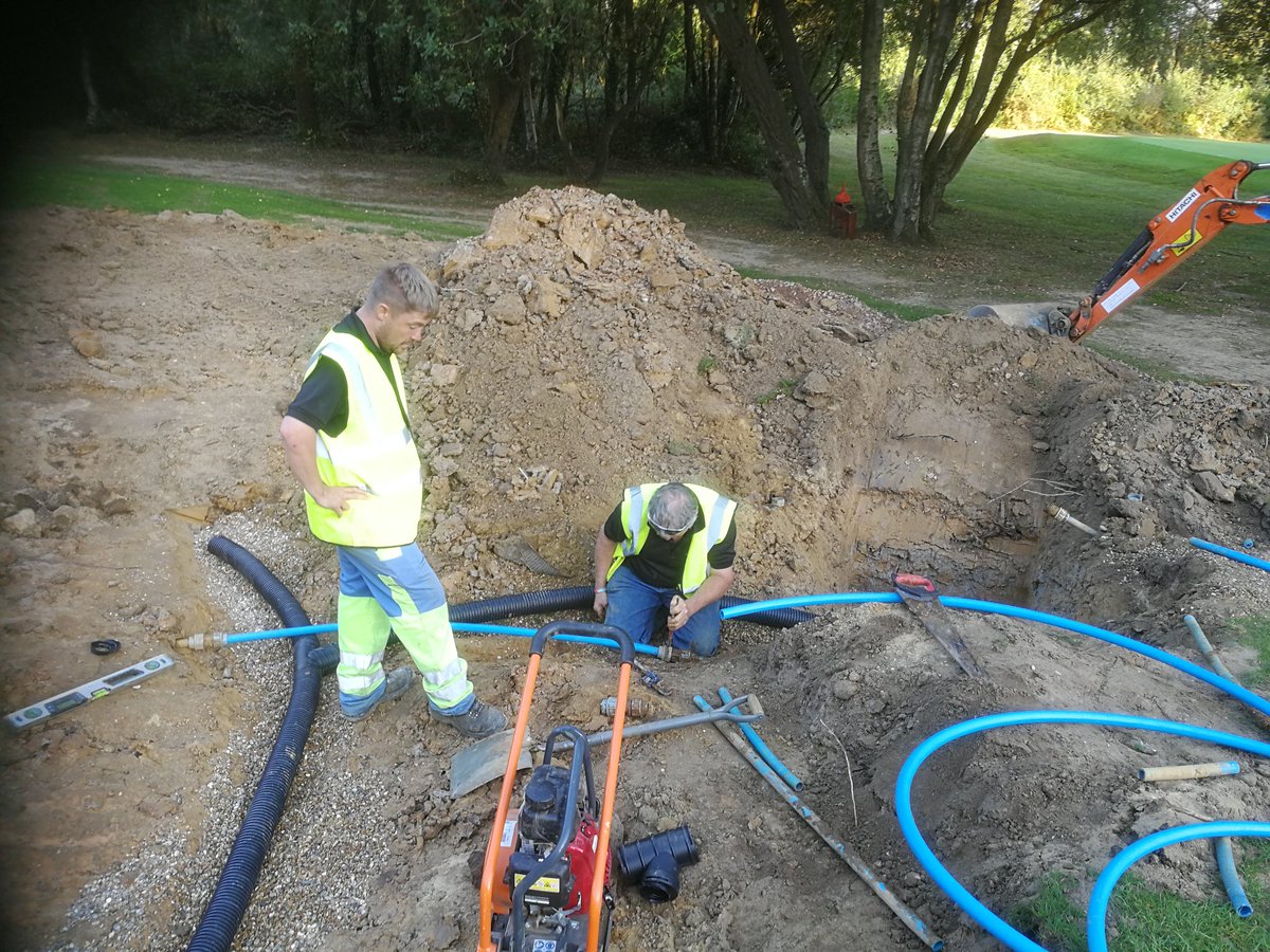 DuraBunker's tweet photo. We've broken ground @WaterloovilleGC re-modelling all bunkers & adding a few new ones. Shaping, new drainage, rubber crumb liner, synthetic edges, finshing & turfing #letsgo #design&build #syntheticbunkeredges #bunkerliner #fullysealedbunkers #trunkeysolution https://t.co/T6Ckk7676g