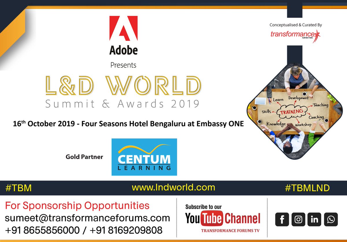 trfforums's tweet image. We welcome @CentumLearning
as our Gold Partner for L&amp;amp;D World Summit &amp;amp; Awards 2019. 
Registr lnkd.in/fqh3zhR
#learninganddevelopmentstrategy #LND #AI #IoT #learninganddevelopmenttrends #traininganddevelopment #learninganddeveopmenttechniques #learninganalytics #TBM #TBMLND