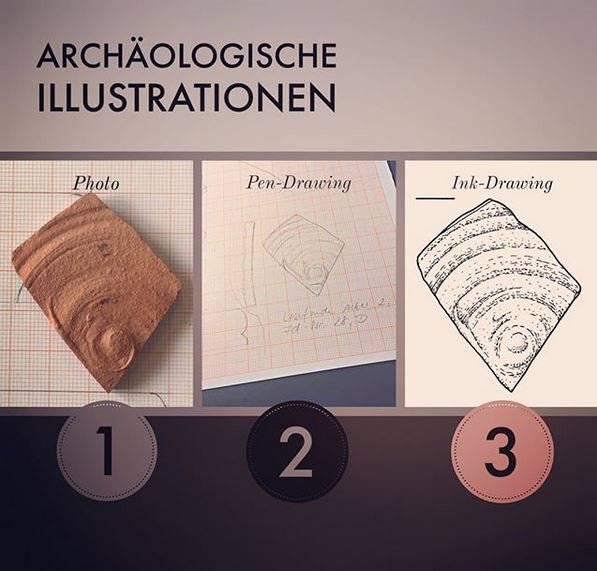 archillu's tweet image. Archaeological drawing in 3 steps!One of our last campaigns featured Terra Sigillata. A dream came true 🧡🏺 #drawing #goals #dayofarch