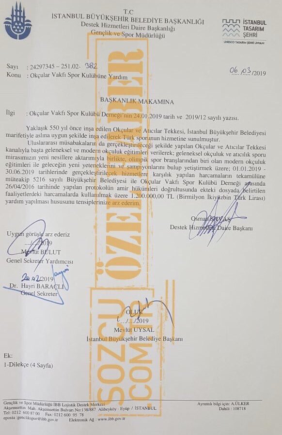 İstanbul Büyükşehir Belediyesi’nin 31 Mart seçimlerinden 25 gün önce Okçular Vakfı’na 1.2 milyon TL nakdi yardım yaptığı ortaya çıktı.