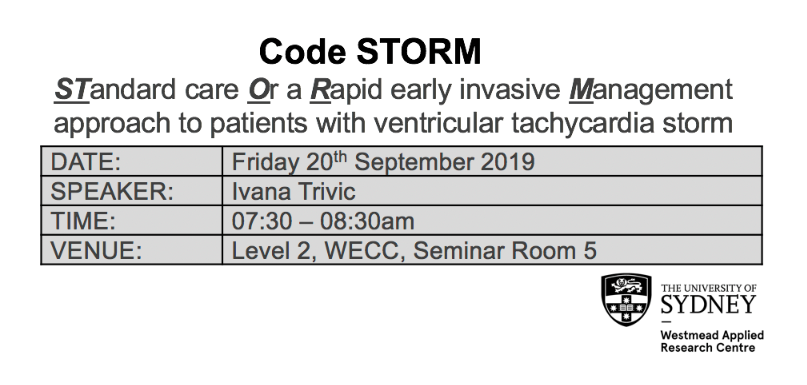 WARC_USYD's tweet photo. Join @_IvanaTrivic this Friday as she presents ‘Code STORM’, a randomised trial.
#VTstorm #VTprogramWMH @RENWestmead @JessssJonessss @WestmeadInst https://t.co/FsJdtoKDMC