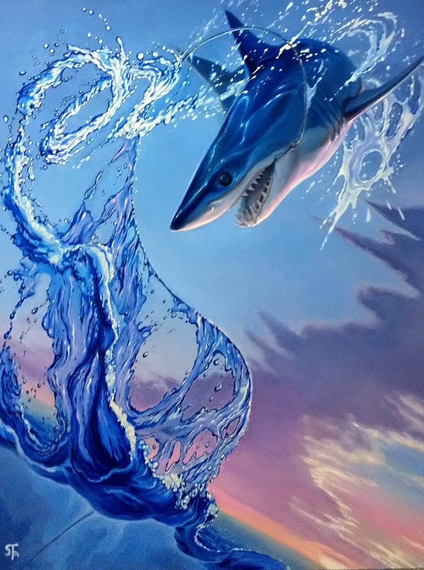 Twitter 上的 サメ田氏 アオザメの絵が完成しました ジャンプしてるアオザメの絵はrichard Ellisの作品が有名ですが 確かに描いてみたくなる画題のひとつです T Co G5ikuw5m93 Twitter