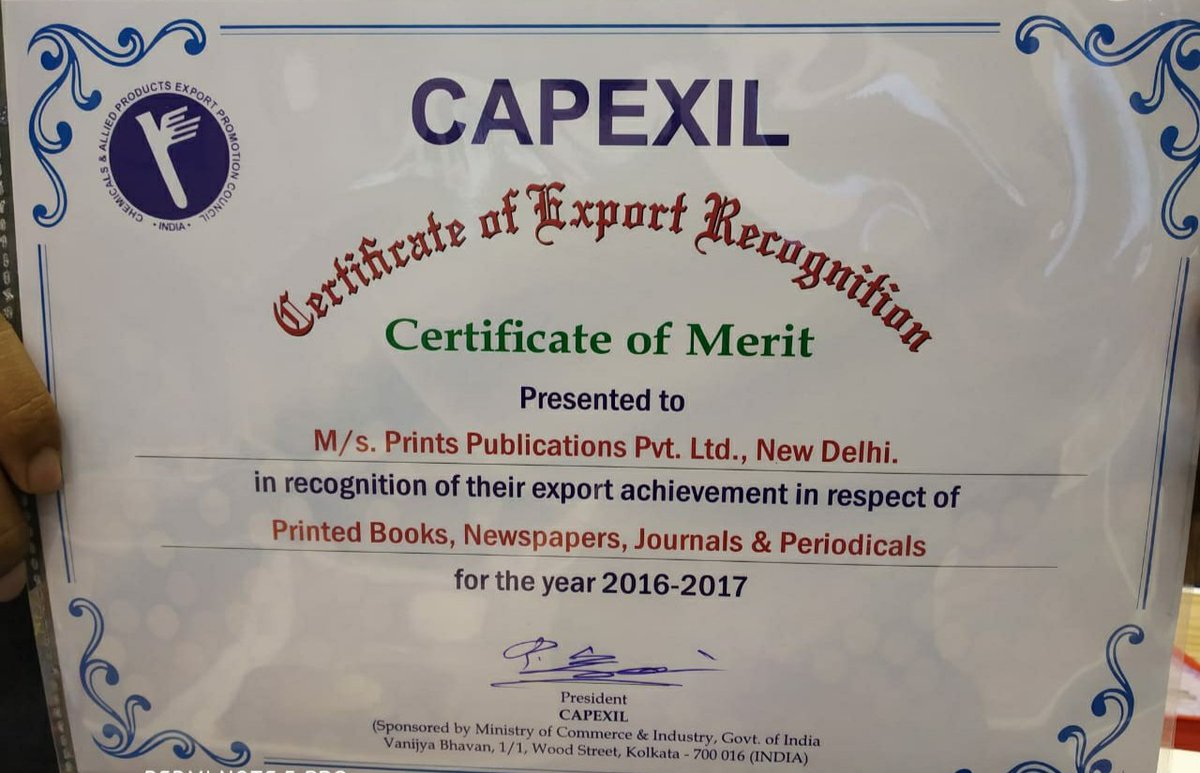 ipranavgupta's tweet photo. A terrific moment! @printsbooks wins another CAPEXIL Export Recognition Award on achieving excellent milestones. So happy to share this news, congratulations to the team for all the hard work. 

#PrintsPublication #Publication #Publisher #Books #CAPEXIL https://t.co/Tg5qupdZ7R