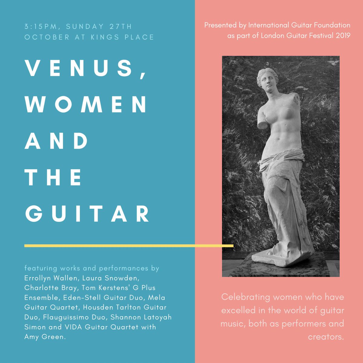 'Venus, Women and the Guitar' (27th October at <a href="/KingsPlace/">Kings Place</a>)

A concert dedicated to celebrating women who have excelled in the world of guitar music, both as performers and creators.

Tickets: kingsplace.co.uk/whats-on/conte…

#Venus #LondonGuitarFestival