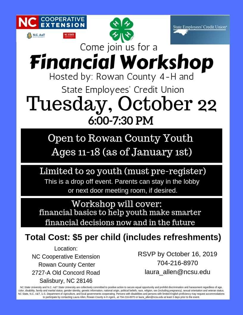 LHAllen86's tweet image. Any middle or high school youths are invited to attend this workshop! Pre-registration is required! #Rowan4h #financialbasics