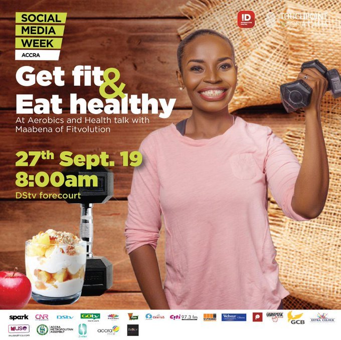 muse_africa's tweet photo. #MuseAfrica Did you know that eating healthy combined with exercise yields great results?

Join the fitness team for an aerobic session and health talk at @DStv_Ghana forecourt at 8:00am on September 27th. #SMWAccra #Stories @SMWiAccra https://t.co/mD6makyypt
