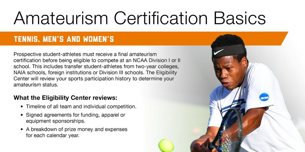 NCAA Eligibility Center (@ncaaec) on Twitter photo 🚨NEW RESOURCE ALERT 🚨
Looking to play #NCAADI or <a href="/NCAADII/">NCAA Division II</a> tennis? Learn about how we certify your #amateurism here: on.ncaa.com/AmatTennis 🚨NEW RESOURCE ALERT 🚨
Looking to play #NCAADI or <a href="/NCAADII/">NCAA Division II</a> tennis? Learn about how we certify your #amateurism here: on.ncaa.com/AmatTennis