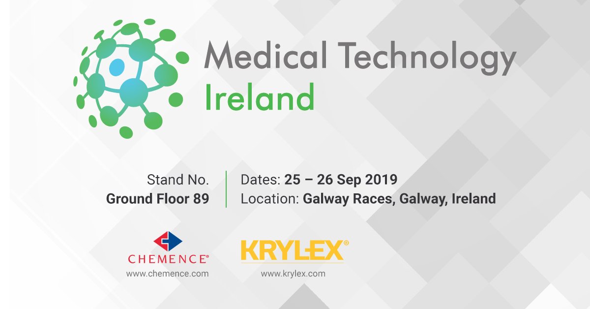KrylexOfficial's tweet image. KRYLEX® is showcasing at Medical Technology, Ireland from September 25 to 26, 2019. Come visit us at stand number# ground floor 89 to see our innovative adhesives and sealants for medical assemblies &amp;amp; to speak with one of our experts.   #medicaltechnologyireland #krylex #chemence