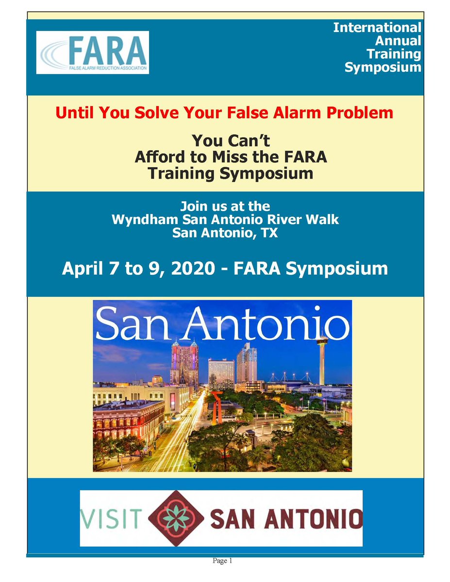 AlarmReduction's tweet photo. Take advantage of a great opportunity to improve your false alarm program by attending our next training symposium in San Antonio Tx -April 2020!  Visit https://t.co/gILnA8LVO1 to download a packet or register online today! #reducefalsealarms #FARA2020 https://t.co/3vHbZbgRTM