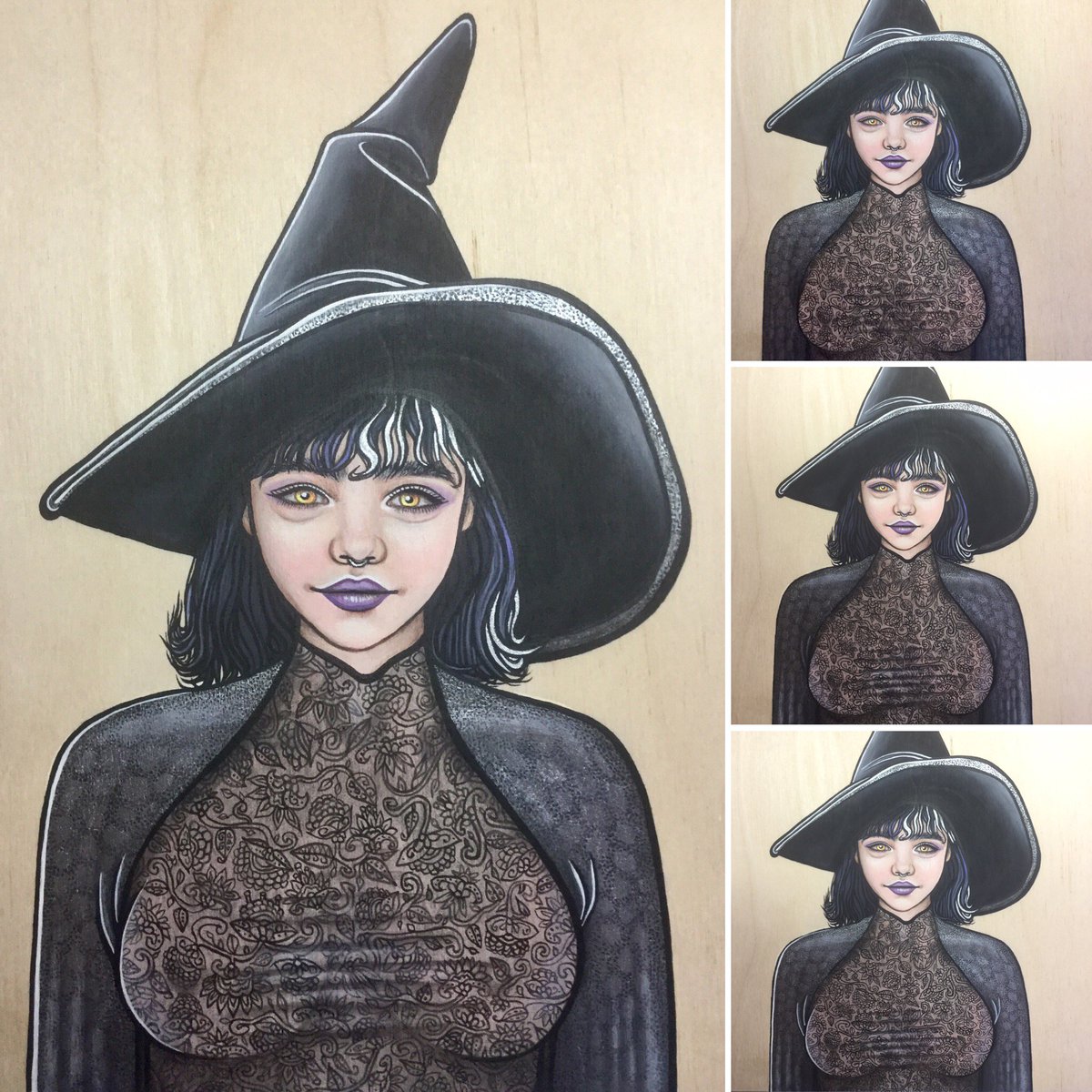 MalindaArt's tweet photo. TADA! Brought her clothing βto lifeβ! First some dark shadows, then some highlights, then bold white highlights, and lastly bold black outlines! I added some stretch lines over the breasts as this often happens with tight clothing.πππ #Purple #Pinite #Witch #Portrait #Painting https://t.co/0QOMZpIPZG