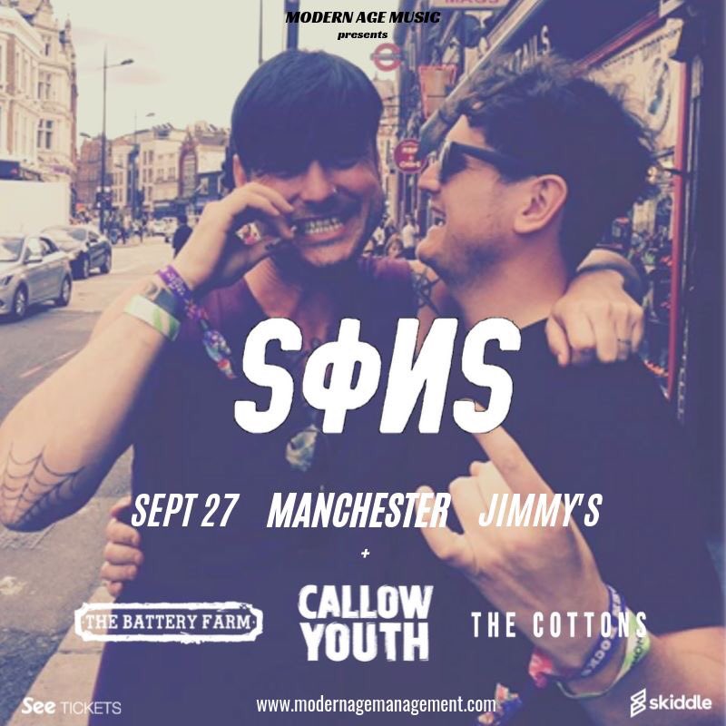 jimmysMCR's tweet photo. A highlight of September is the ace @sonsbanduk with support from @TheBatteryFarm + @Callow_Youth + #TheCottons⚡️
Tickets on sale here : https://t.co/Qw199GvvAt https://t.co/HRzzXtXxar