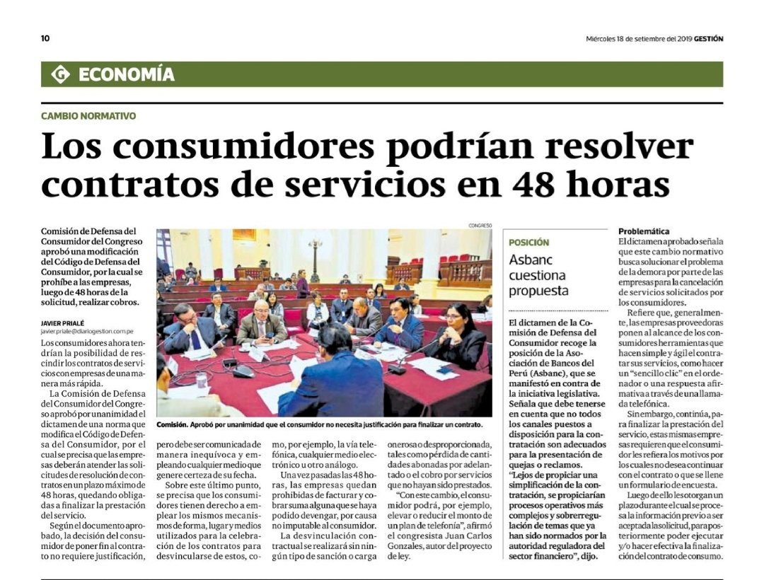 <a href="/codeco2019/">Comisión de Defensa del Consumidor 🇵🇪</a> #EnMedios 🗞
Proyecto aprobado que permite a usuarios de servicios desafiliarse en 48 horas.