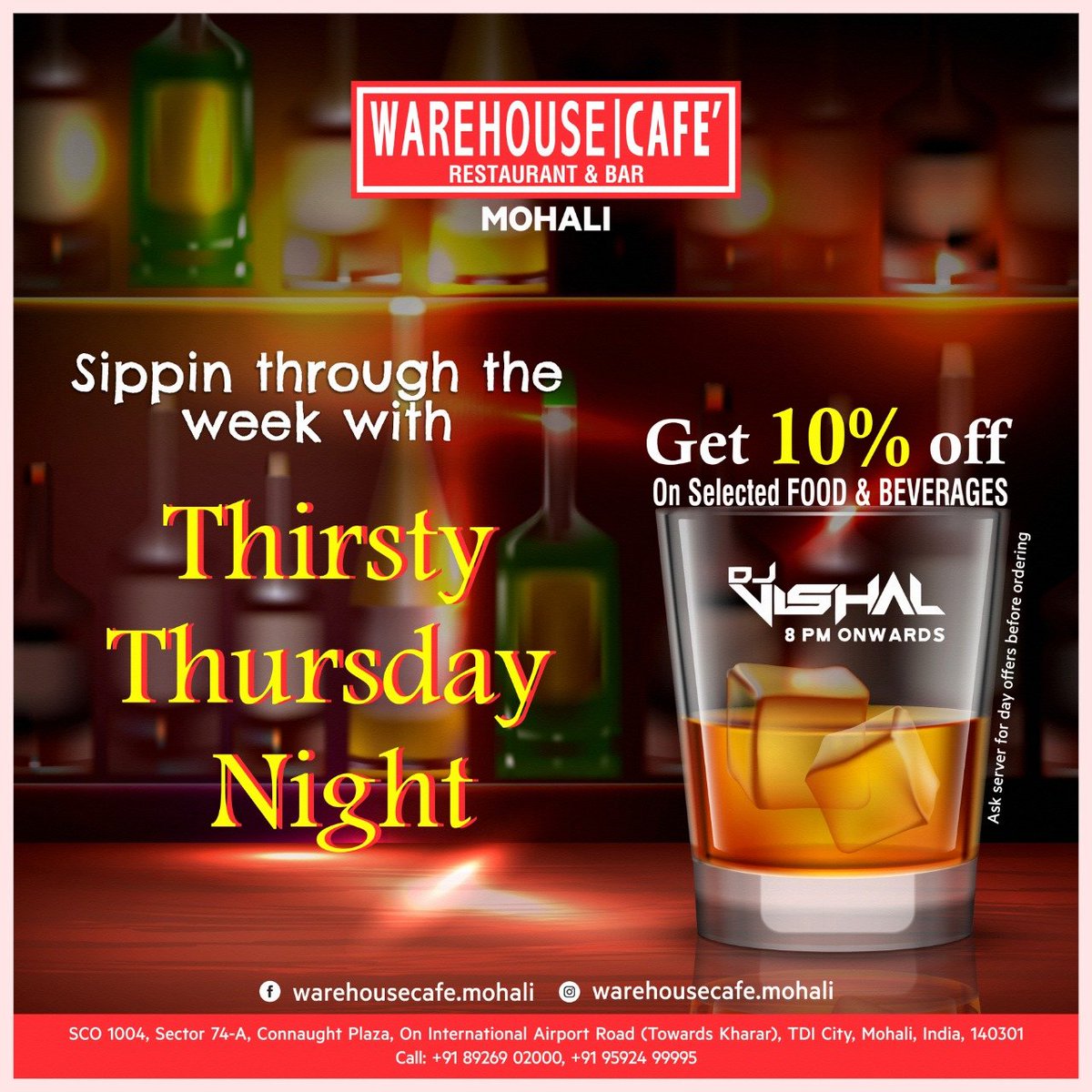 WareHouseMohali's tweet photo. It's #WareHouseCafeMohali bash! With the onset of the #weekend get 10% off on selected #foodandbeverages before it's too late to realize the night of fun.
📞8926902000/9592499995.
#ThirstyThursdayNight #PartyNight #DJNight #PartyPlace
#BestInTown #BestAmbience #NightClub https://t.co/OnSgXpZEMN