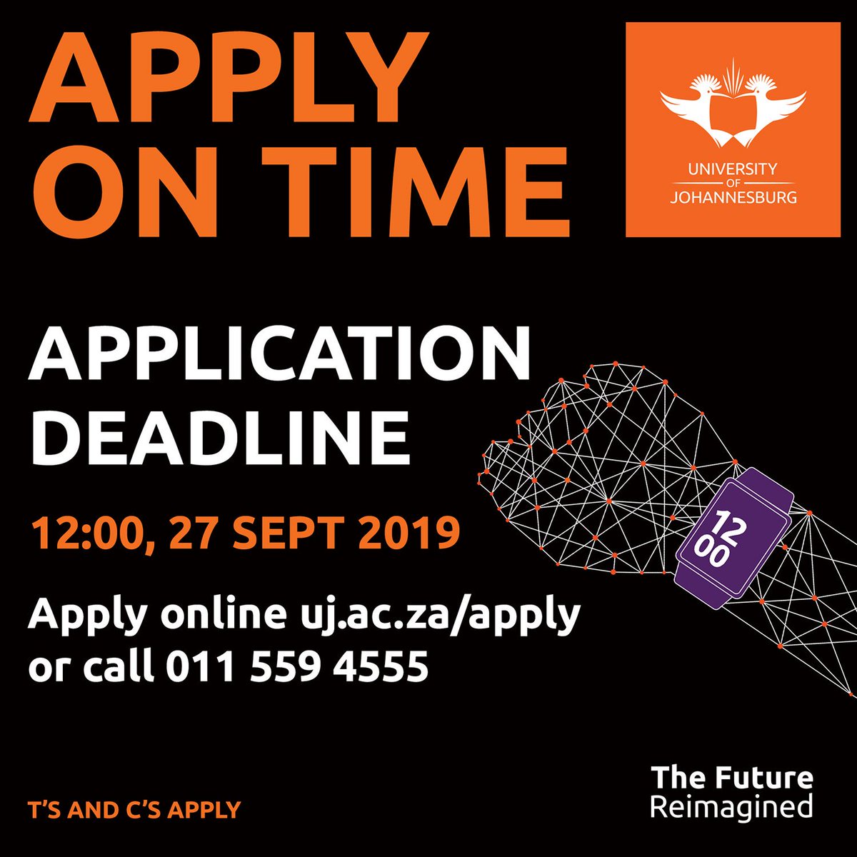 UJSRC2019's tweet photo. 9 Days before Academic and Residence  Application for 2020 Deadline 

73 Days before NSFAS Application for 2020 Deadline 

Apply On Time https://t.co/KfIE6VX44A