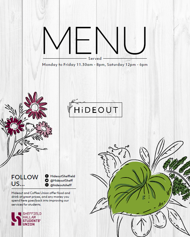 HideoutSheff's tweet photo. It's been a loooonnng summer we are BACK today! So excited to see you all, check out our updated menu 👀🌿 @hallamunion https://t.co/4795kjVC1i