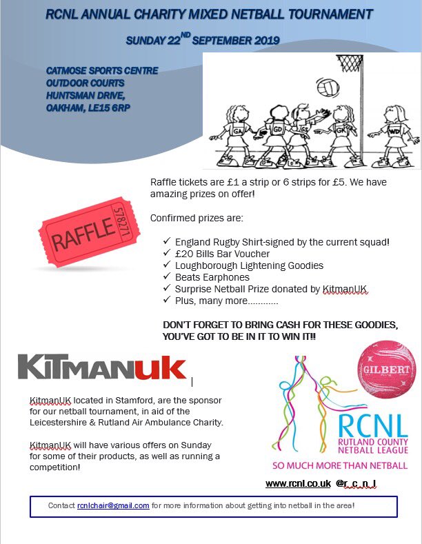 Counting down the days until our tournament. Check out what goodies we have to offer in aid of our chosen charity <a href="/WNDLRAirAmb/">WNDLRAirAmb</a> ! <a href="/kitmanuk/">KitmanUk</a> #RCNL #netball #mixednetballtournament #fun #charity #letsgo