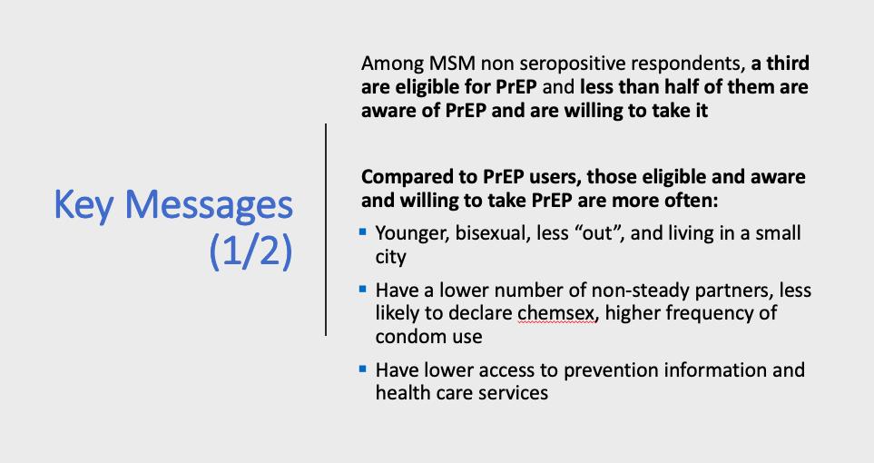 rmdelabre's tweet photo. Interesting results from @CSRH_UNSW #HIVAUS19! French #EMIS2017 results presented at #AIDSImpact show that among MSM respondents, a third are eligible for PrEP and less than half of them are aware of PrEP and are willing to take it. @Virginie_Vil @drojascastro https://t.co/VGVle06UHi