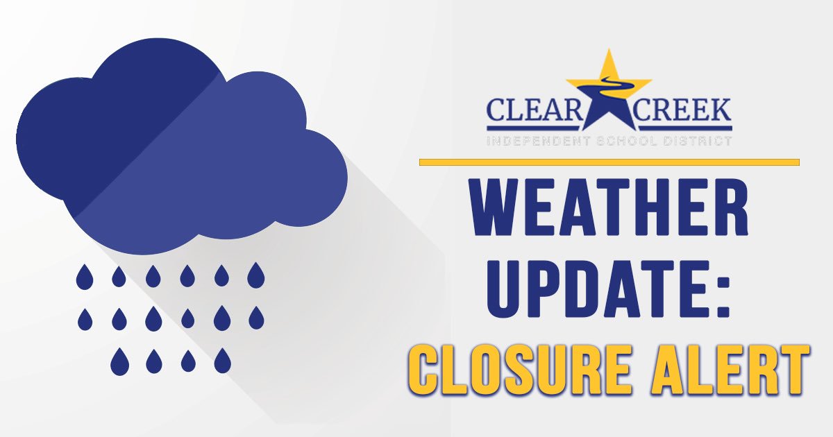 ❗️CCISD CLOSED ON WEDNESDAY, SEPTEMBER 18❗️

Due to ongoing forecasts for inclement weather and flooding, Clear Creek ISD has decided to cancel school for Wednesday, September 18. All activities are cancelled as well.