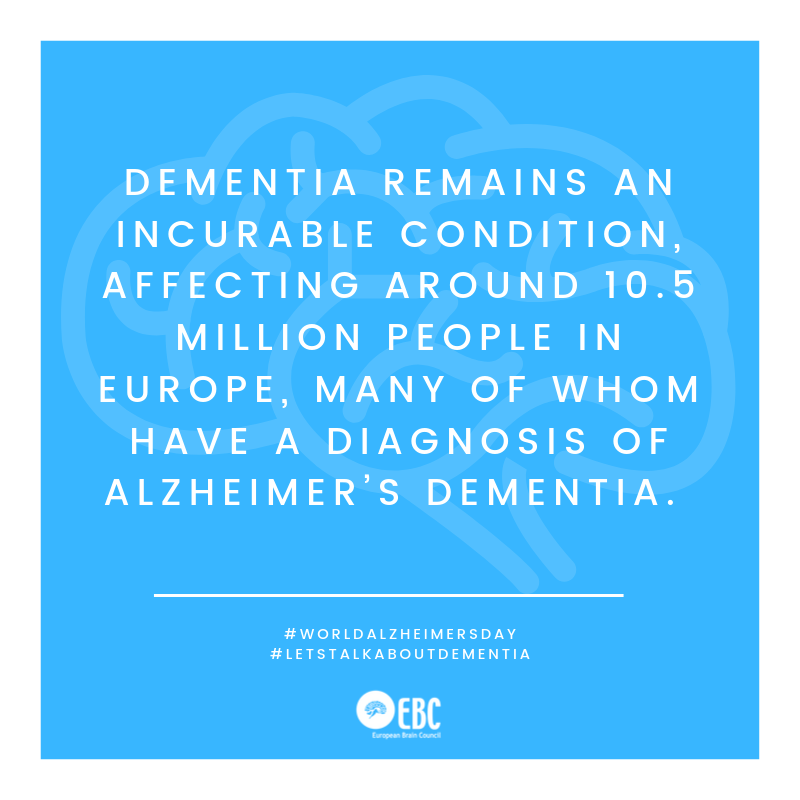 EU_Brain's tweet photo. Today is #WorldAlzheimersDay. Nearly 50 million people live with #dementia worldwide - an estimated 10.5 million in #Europe - a large percentage due to #Alzheimers. Today, the world raises awareness &amp; highlights issues faced by people affected by #Alzheimers. https://t.co/2PEXuvfRPS