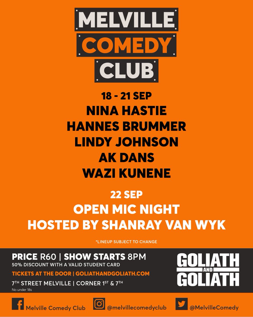 Book early to avoid disappointment!

The Melville Comedy Club runs shows and activities daily from Tuesday to Sunday.

Tickets available at melvillecomedy.com and at the door! 

Follow us on social media:
Instagram: <a href="/TheMelvilleCC/">The Melville Comedy Club</a>
Facebook: facebook.com/melvillecomedy…