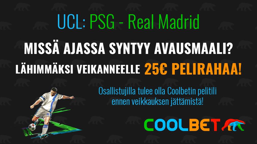 COOLBET-SKABA!

Veikkaa PSG-Real Madrid -ottelun avausmaalin syntyaika ja voita 25 € pelirahaa!

Ehdot: RT + Seuraa. 

PS. Tarjolla on myös Mestarien liigan futisvisa, josta voi voittaa 10 € ilmaisvedon: coolbet.com/fi/mestarien-l…

#UCLfi #Betsit