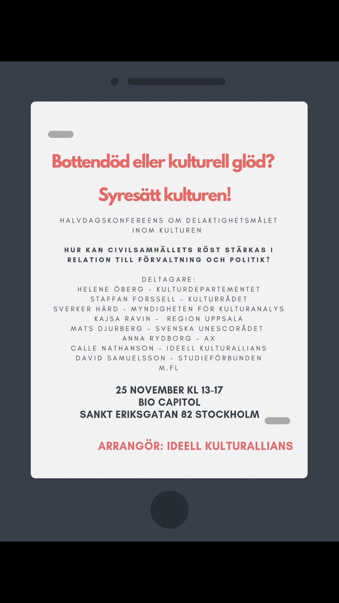 ideellkulturse's tweet image. Välkommen på IKAs konferens: 

Bottendöd eller kulturell glöd? Syresätt kulturen!

Hur kan civilsamhällets röst stärkas i relation till förvaltning och politik?

Var: Bio Capitol i Stockholm 
När: 25 november kl. 13-17

Anmäl dig via denna länk:

invajo.com/l/0anS9pIrhS